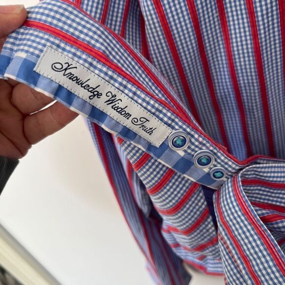 Robert Graham Blue Red Stripe Contrasting Cuffs Button Down Dress Shirt - Picture 11 of 14